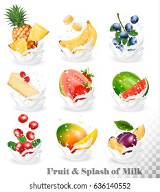 Big collection of fruit in a milk splash. Pineapple, mango, banana, pear, watermelon, blueberry, guava, strawberry, cheesecake, grawberry, raspberry. Vector Set 10.