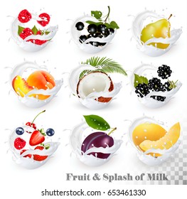 Big collection of fruit in a milk splash. Strawberry, blackberry, grandberry, plum, pear, peach, strawberry, coconut, honeydew. Vector Set 15.