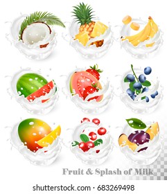 Big collection of fruit in a milk splash. Strawberry, blackberry, grandberry, plum, pear, mango, strawberry, coconut, banana, watermelon, pineapple, grawberry. Vector Set 