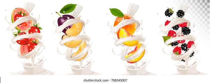 Big collection of fruit in a milk splash. Strawberry, blackberry, plum, peach, strawberry, guava.  Vector Set 