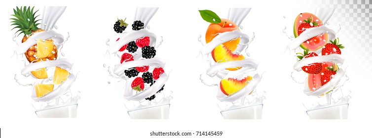 Big collection of fruit in a milk splash. Strawberry, blackberry, peach, strawberry, guava, pineapple.  Vector Set 