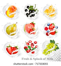  Big collection of fruit in a milk splash. Peach, orange, pear, grapes, blueberry, strawberry, raspberry and blackberry, guava. Vector.