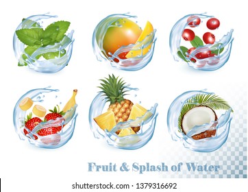 Big collection of fruit in a water splash icons. Mint, mango, crawberry, banana, strawberry, coconut. Vector Set 