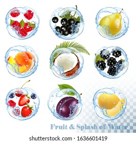 Big collection of fruit in a water splash. Raspberry, black currant, blackberry, blueberry, plum, pear, peach, strawberry, coconut, honeydew. Vector Set 25.