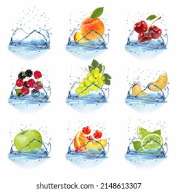 Big collection of fruit in a water splash. Raspberry, blackberry,  plum, strawberry, cherry, apple, peach, grape, orange, lime. Vector Set.