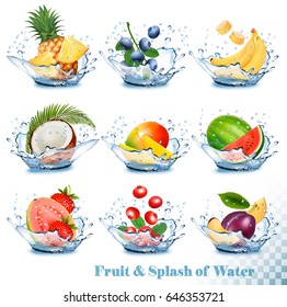 Big collection of fruit in a water splash. Pineapple, mango, banana, pear, watermelon, blueberry, guava, strawberry, coconut, grawberry, raspberry. Vector Set 