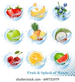 Big collection of fruit in a water splash icons. Pineapple, apple, banana, watermelon, blueberry,strawberry, coconut, cherry, raspberry, orange. Vector Set 