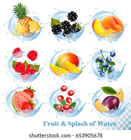 Big collection of fruit in a water splash icons. Pineapple, mango,peach, guava, blueberry, plums, strawberry, granberry, raspberry, blackberry. Vector Set 