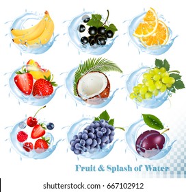 Big Collection Of Fruit In A Water Splash Icons. Banana, Coconut, Peach, Orange, Plums, Strawberry, Grapes, Raspberry, Blackberry, Blueberry, Cherry. Vector Set 