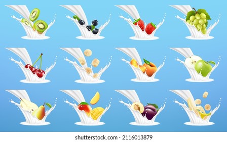 Big collection of fruits in milk splash. Strawberry, banana, peach, pear, mango, apple, kiwi, avocado, sweet cherry, cherry, plum, blueberry. Vector 3d realistic set