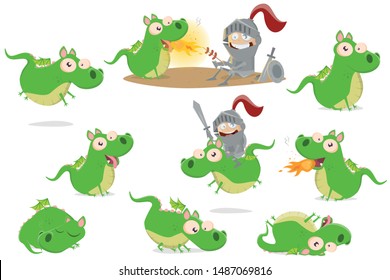 big collection of a funny cartoon dragon in different situations