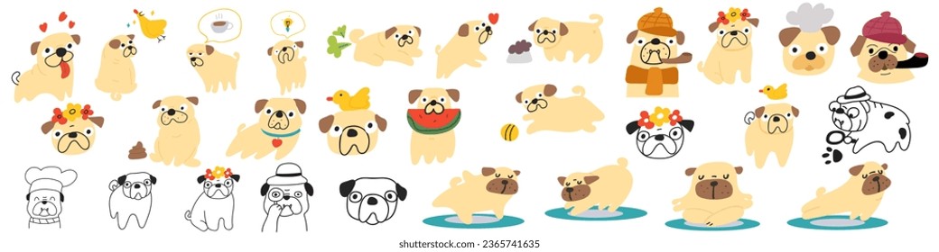 Big collection of funny pugs. Best for stickers design. Vector illustrations on white background.