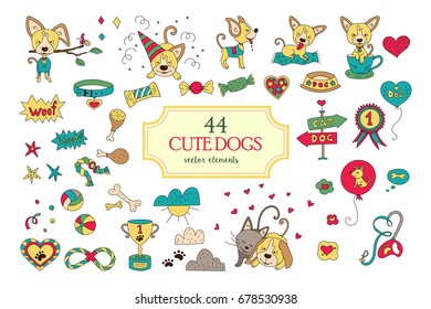 Big collection with funny vector dog characters and elements. Its ideal for greeting cards, patterns, web design, banners, invitations, stickers, t-shirts, logos, packaging design and other.