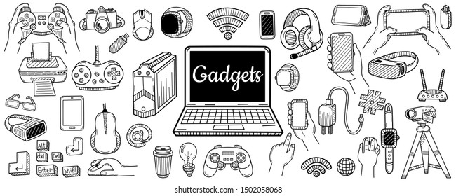 Big collection of gadgets elements. Technology concept. Hand drawn sketch. Vintage vector engraving illustration for poster, web.