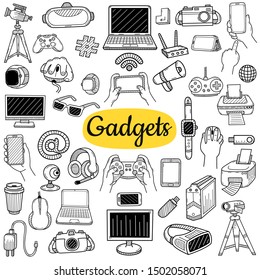 Big collection of gadgets elements. Technology concept. Hand drawn sketch. Vintage vector engraving illustration for poster, web.