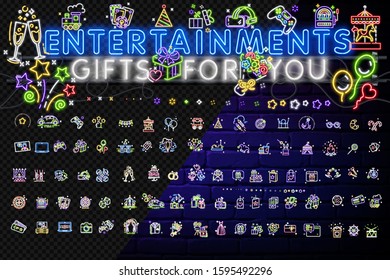 Big collection games neon signs. Neon shindig Icons Vector. A variety of entertainment, computer games and gambling, circus, gifts, flowers, balloons in neon style Advertisement design.