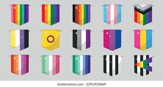Gran colección de ilustraciones vectoriales de banderas de orgullo de género. Icono colorido de la bandera a rayas. Ilustración del mes del orgullo. Ilustración de material vectorial
