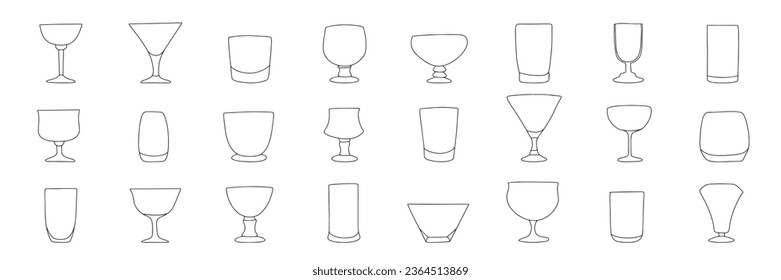 Big collection of glasses in doodle style. Outline glass isolated on white background. Collection of glasses set icons. Vector illustration.