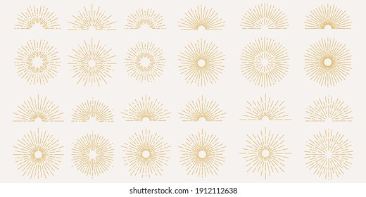 big collection of gold light rays, sunburst and rays of sun. Design elements, linear drawing, vintage hipster style. Light rays sunburst, Vector icon Illustration