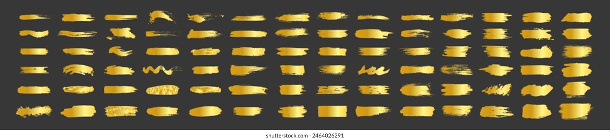 Big collection of gold paint brush strokes. Vector collection of artistic grungy gold paint hand made creative brush stroke set isolated on white background