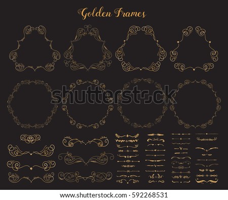 Big collection of Golden emblem frames and dividers. Ornamental decorative elements. Gold flourishes. Shiny decorative hand drawn borders Stock photo © 