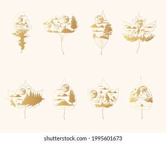 Big collection of golden mystical maple, oak, elm, aspen, hop and ginkgo biloba leaves. Celestial leaf with mountain, clouds, moon and forest. Gold magic tattoos concept.