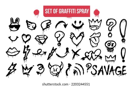 Big collection graffiti spray pattern  Design symbols  crown  thunder  devil  skull  heart  arrow  etc  and spray texture  Elements white background for banner  decoration  street art   ads 