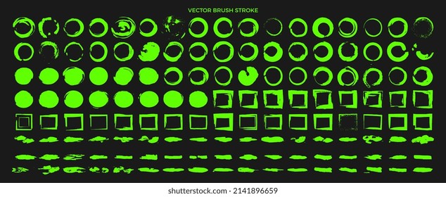 Gran colección de pintura verde, pinceladas de pincel, pinceles, líneas de círculos.