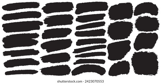 Big collection of grunge badge brush, ink brush strokes, lines, box, dirt artistic elements. Brushes black paint ink stroke frame. Vector black paint set. Arc brush stroke paint boxes