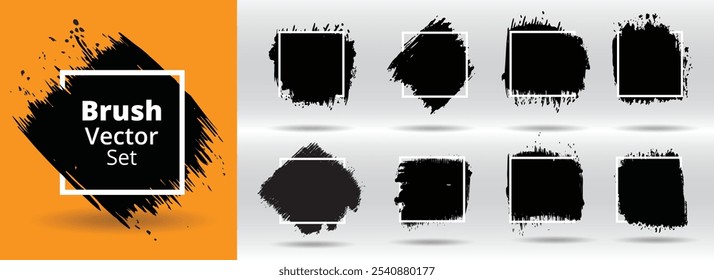 Grande coleção de fundos de pincel de emblema grunge. Conjunto de pincel de tinta preta vetorial. Traçados, pincéis, linhas, caixas, elementos de sujeira. Traço de tinta de splat preto do pincel isolado sobre quadro quadrado branco