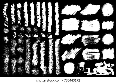 Big collection of grunge paint, ink brush strokes, brushes, lines, frames, circles. Set of freehand drawing dirty artistic painted design elements,  isolated on black background. Vector.