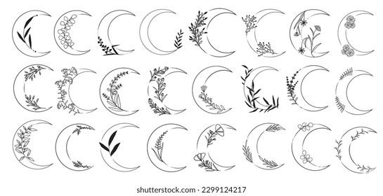 Big collection of the half moons with flowers, plants, leaves and wild bushes. Nature line vector art set