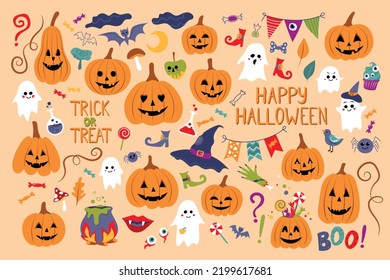 Big Collection of Halloween Elements. Pumpkins, Zombie and Ghosts, Spiders and Bats, Witchcraft and Lot of Deco Elements.  Hand Drawn Style. Vector Illustration