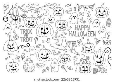 Big Collection of Halloween Elements. Pumpkins, Zombie and Ghosts, Spiders and Bats, Witchcraft and Lot of Deco Elements.  Coloring Book Page. Vector Illustration