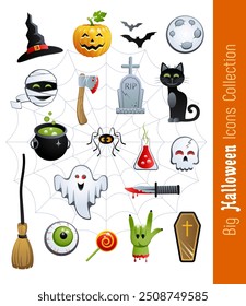 Big collection of Halloween Icons. Cute cartoon characters and holiday elements. Vector illustration.