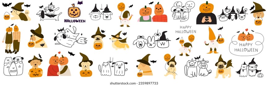 Big collection for Halloween party Flat design   outline vector design  Dogs  friends  costumes  Hand drawn illustrations  Best for stickers  
