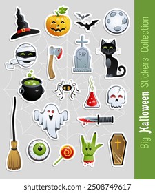 Big collection of Halloween Stickers. Cute cartoon characters and holiday elements. Vector illustration.