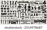 Big Collection of Halloween vector black silhouettes. Hand draw haunted house, creepy tree, crow, skeleton, pumpkins, halloween ghost, flying witch, zombie, owl, tombstone fence, witch