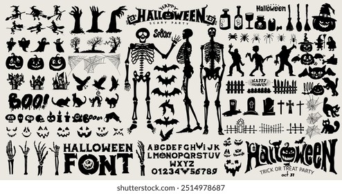 Große Kollektion von Halloween Vektor schwarzen Silhouetten. Handgezeichnetes Spukhaus, gruseliger Baum, Krähe, Skelett, Kürbisse, Halloween-Geist, fliegende Hexe, Zombie, Eule, Grabsteinzaun, Hexenbesen, Sarg