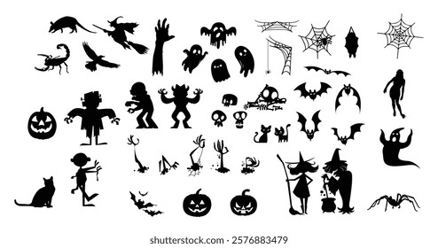 Big Collection of Halloween vector black silhouettes. Hand draw haunted house, creepy tree, crow, skeleton, pumpkins, halloween ghost, flying witch, zombie, owl, tombstone fence, witch's broom, coffin