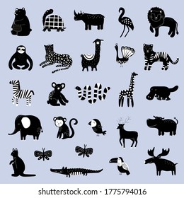 Big collection with hand drawn animals silhouette. Cute kids style template for game and education. Flat design vector illustration