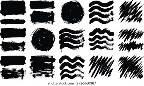 Gran colección de pinceladas de tinta negra dibujadas a mano, salpicaduras de pintura grunge, texturas abstractas y Elementos de diseño de Vector artístico.