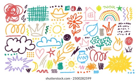 Big collection of hand drawn charcoal doodle shapes, symbols, squiggles in childish girly style. Template pencil colorful drawings. Vector flower, heart, grid doodle, crown, stars, collage elements.