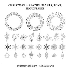 Big collection of hand drawn Christmas snowflakes and star frames, plants, toys, balls. Mistletoe and holly branches for greeting card decoration. Vector isolated holiday design elements and wreaths.