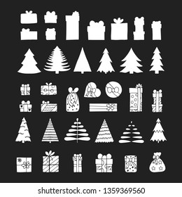 Big collection of hand drawn Christmas toys,, trees, balls and gifts silhouettes. Winter elements for greeting card decoration. Vector isolated xmas holiday design decor.