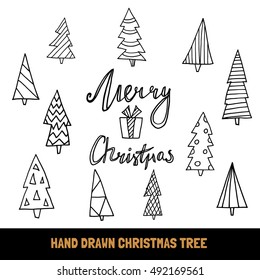 Big collection of hand drawn christmas tree and quote Merry Christmas for greeting card, banners, flyers, etc. Doodle vector holiday design elements. Vector christmas tree isolated on white