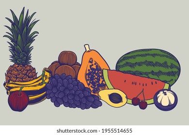 Gran colección de bocetos de color dibujados a mano diseño de verduras vegetales que dietean comida vegetariana natural nutritiva frutas humedecidas. Concepto de estilo de vida saludable. Ilustración vectorial.