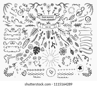 Big collection of hand drawn design elements such as text dividers, borders with flourishes, frames, ribbons, doodle flowers, leaves and hearts etc. Vector black and white llustration for your design.