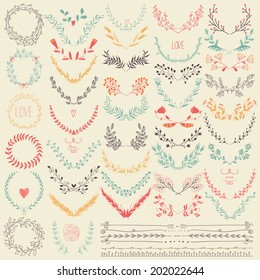 Big collection of hand drawn floral graphic design elements and lines border  in retro style. Pastel backdrop. Illustration vector.Hand drawn floral set. Pastel backdrop.  Illustration vector.