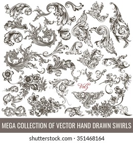 Big collection of hand drawn flourishes in engraved vintage style for design